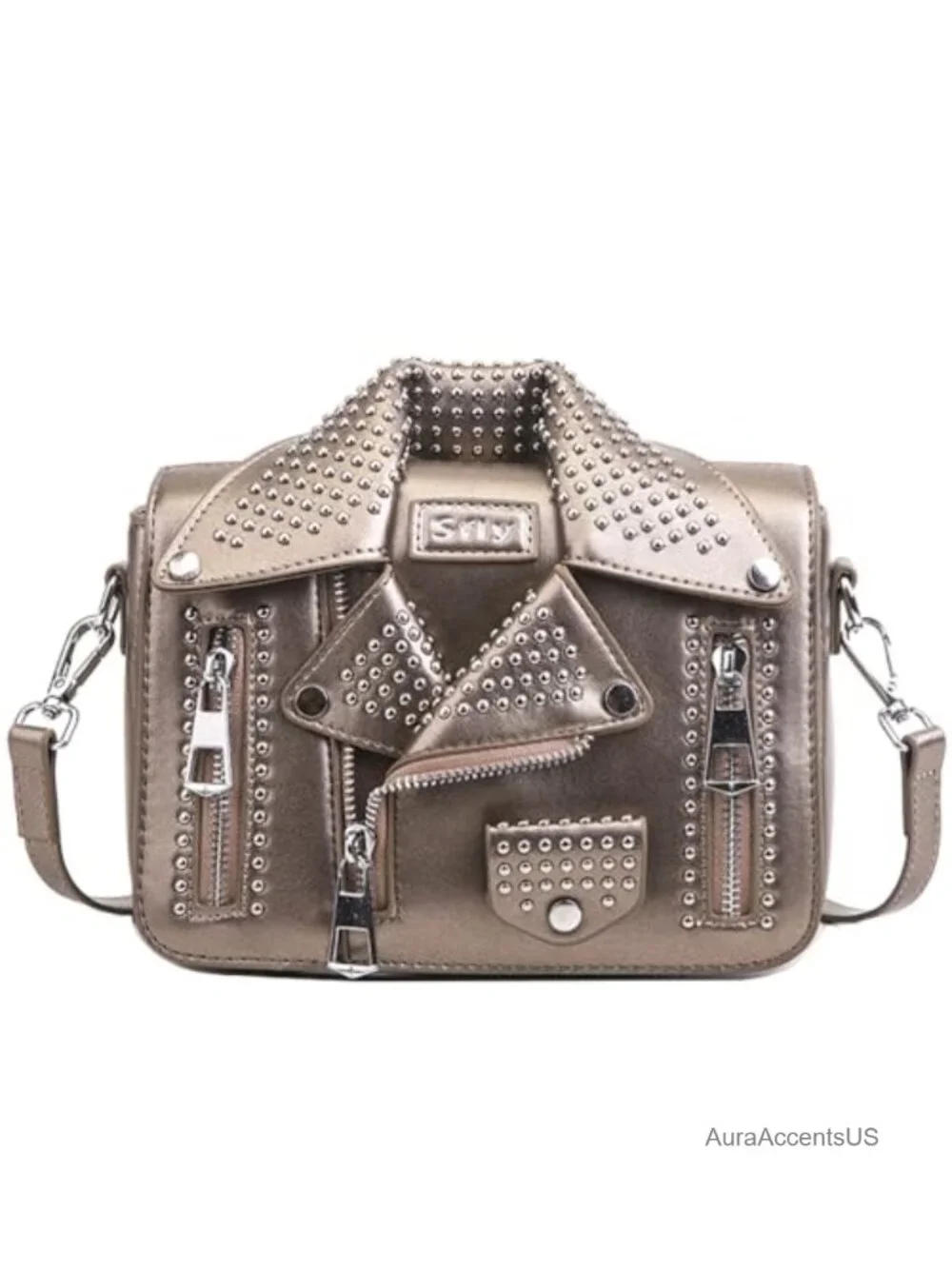 Leather Satchel Bag with Chain Strap Crossbody Shoulder Bag Rivet Details